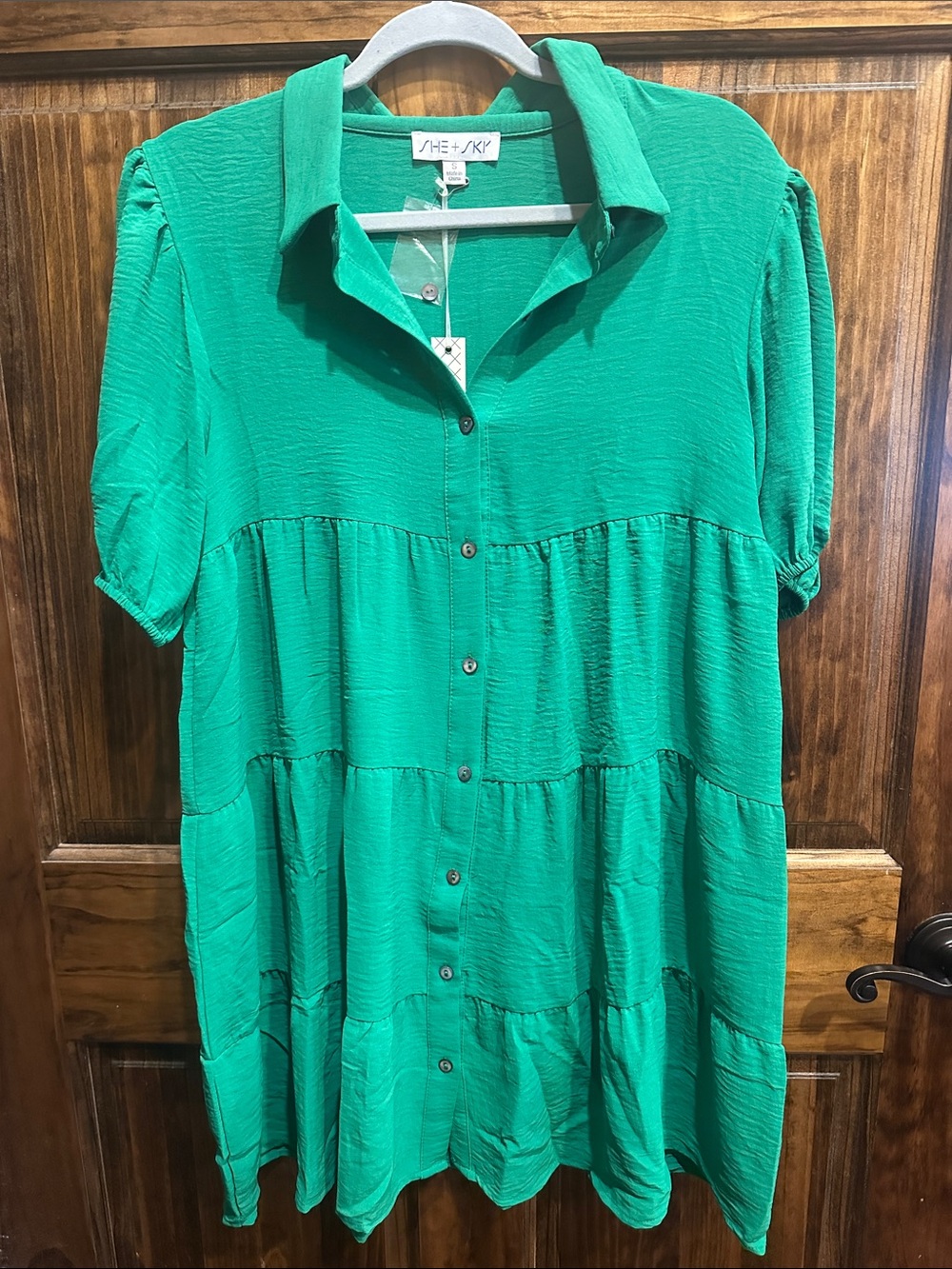 She + Sky Emerald Green Tiered Button-Front Mini Dress